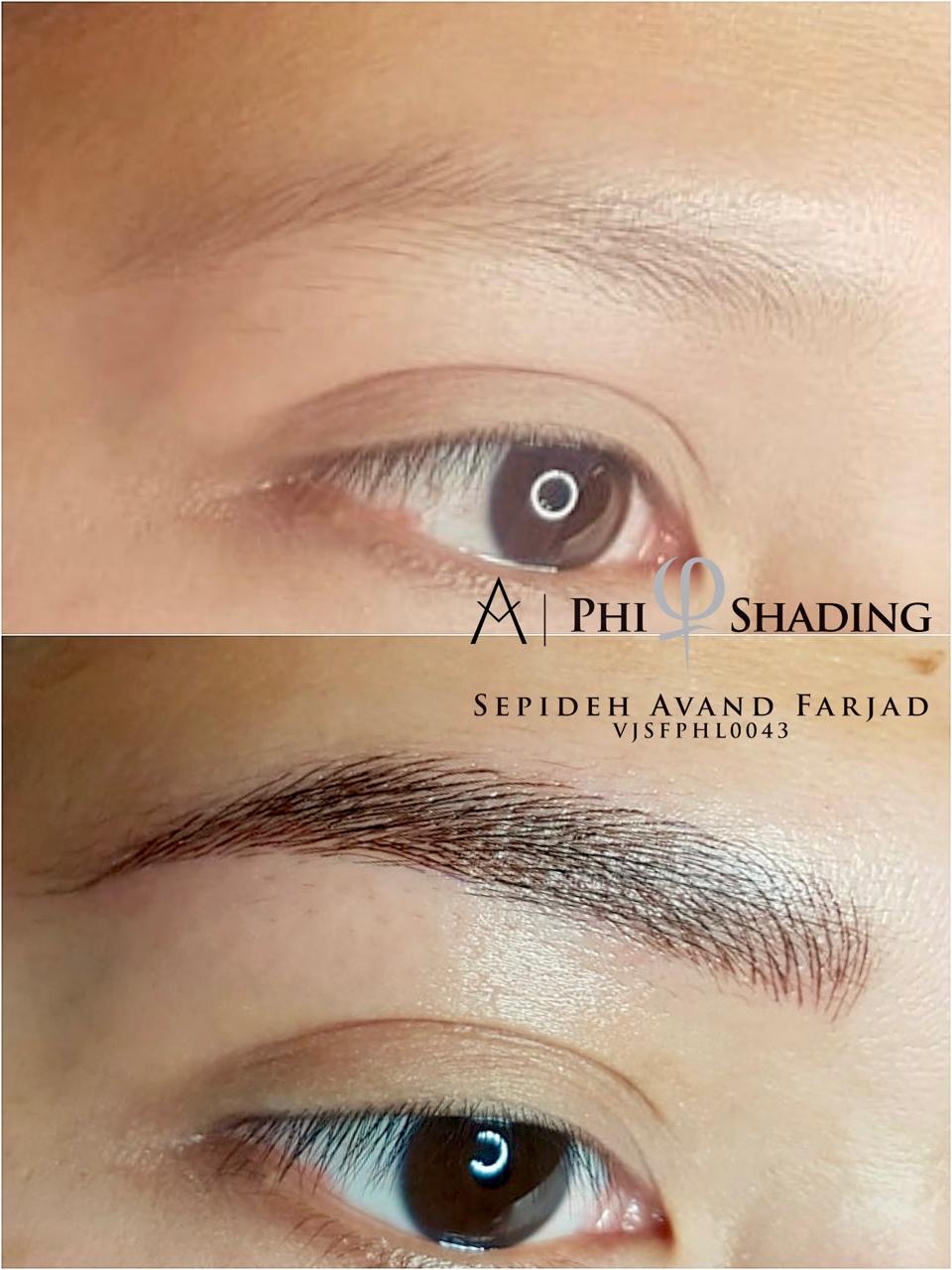 Microblading before and after — sparse brow transformed into a full, defined brow