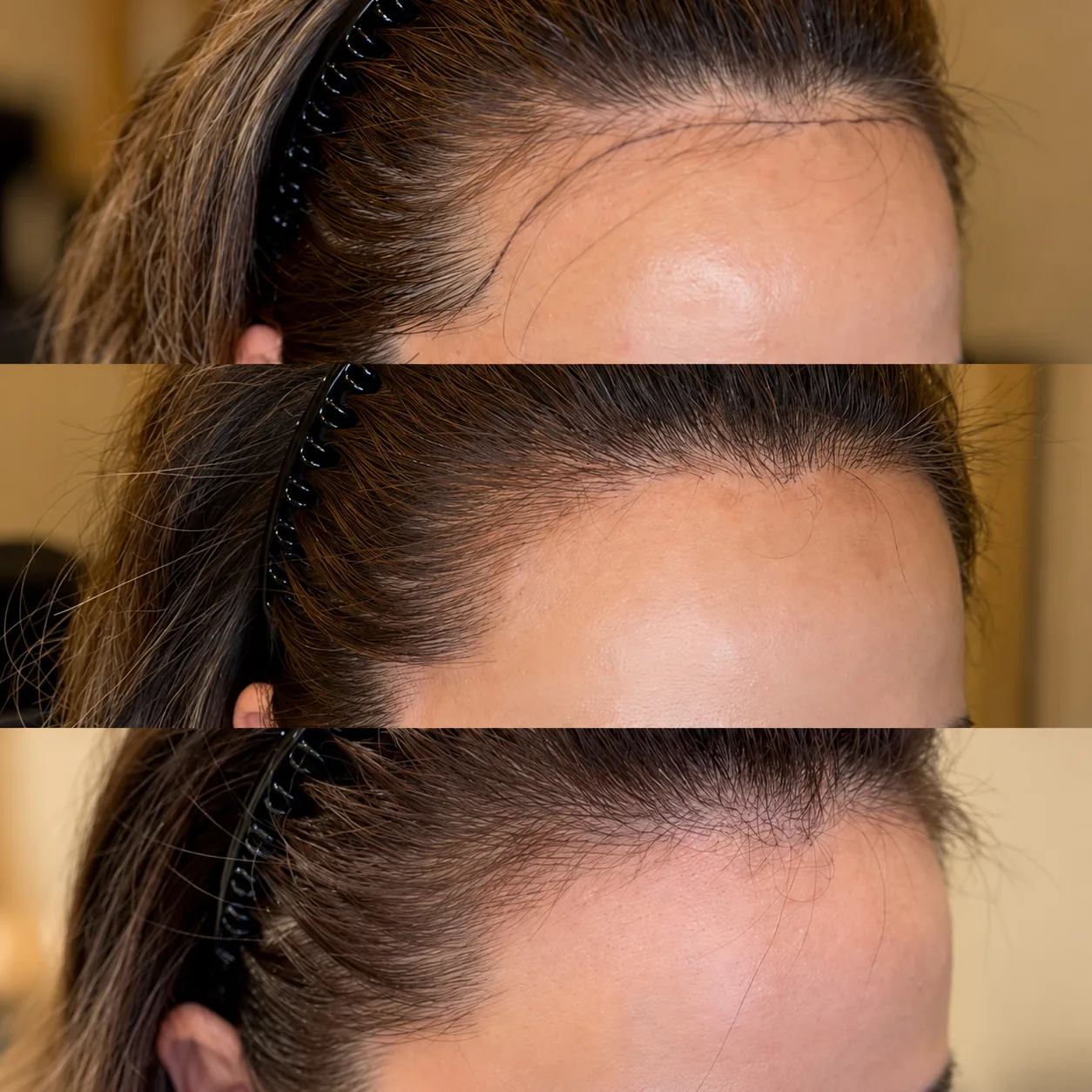 Three views of a woman's front hairline wearing a headband: top, the new hairline drawn on the forehead as a design; middle and bottom, the hairline filled in with hair strokes