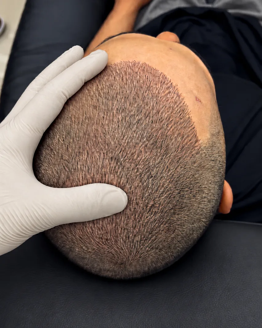 Close-cropped head seen from above, a gloved hand steadying it: hair strokes fill the thinner zone up to a soft edge