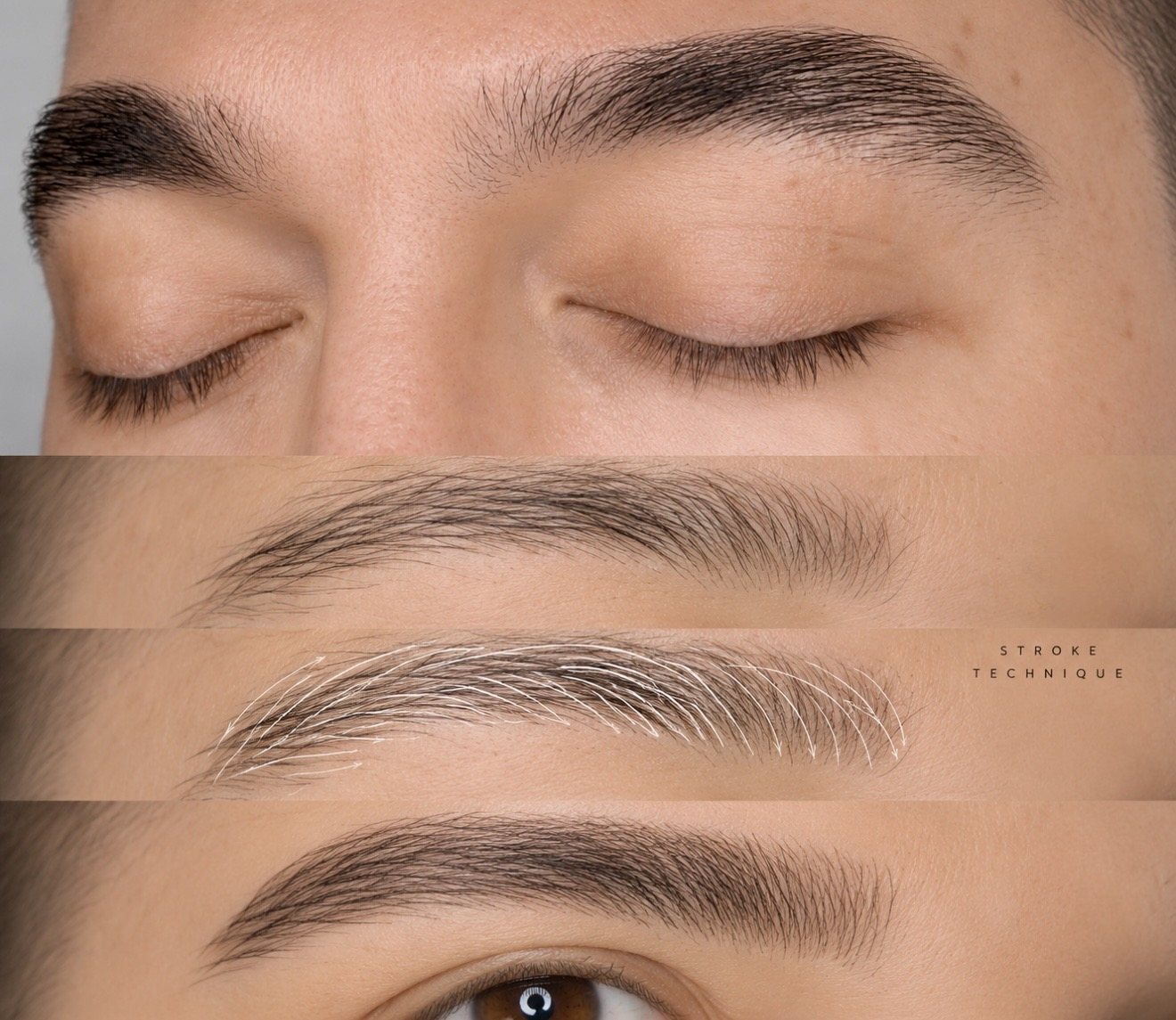 Men's microblading at HEADS: the brow before treatment, the stroke direction mapped over the natural hair, and the healed result